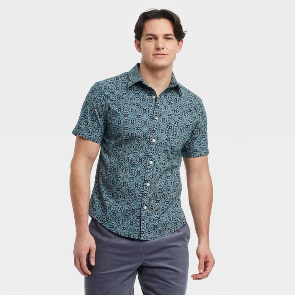 NWT Goodfellow XXL Teal Shirt EveryWear Geometric Button Down Short Sleeve